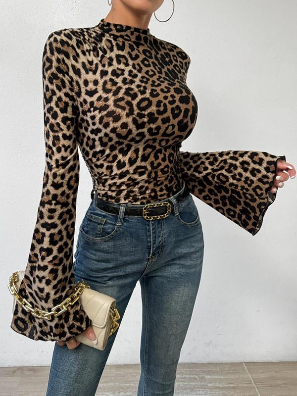 Women's Leopard Print Flounce Sleeve Mock Neck Tee, Casual Long Sleeve T-Shirt for Summer, Ladies Clothes for Daily Wear