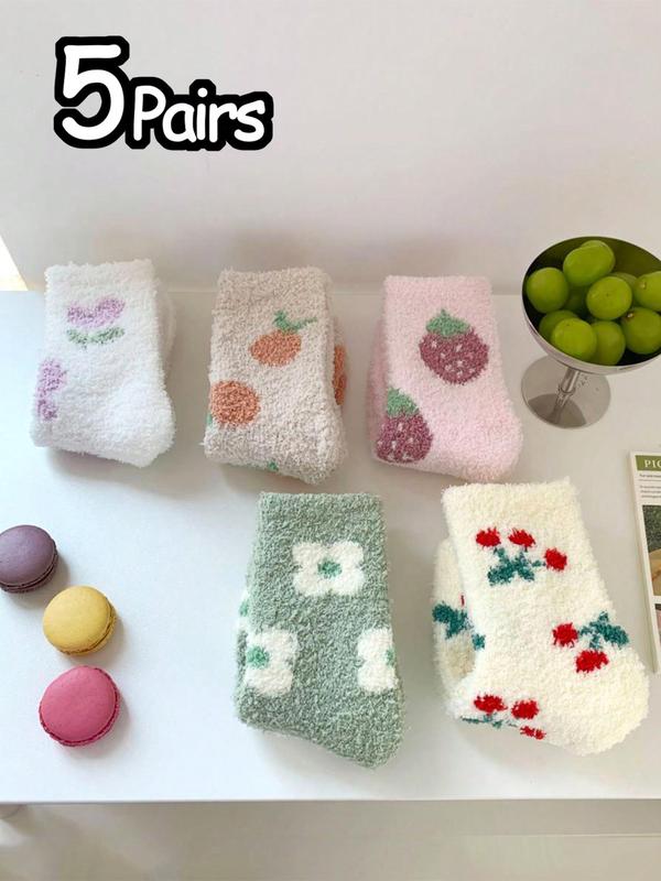 Women's Fruit Print Coral Fleece Crew Socks, Casual Soft Comfy Thermal Socks for Fall & Winter, Women's Socks for Daily Wear