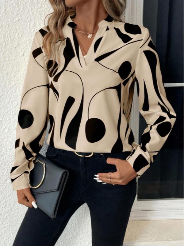 Women's All Over Geometric Print Notched Neck Blouse, Elegant Long Sleeve Top for Spring & Fall, Ladies Clothes for Work Office Business