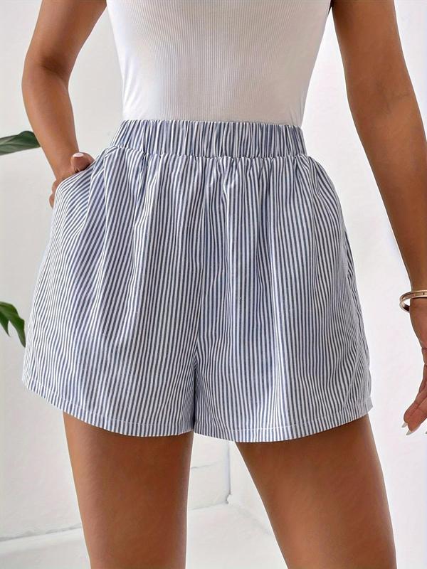 Women's Striped Print Pocket Elastic Waist Shorts, Casual Comfy Wide Leg Shorts for Summer, Shorts for Women, Fashion Women's Bottoms for Daily Wear, Back To School Outfit