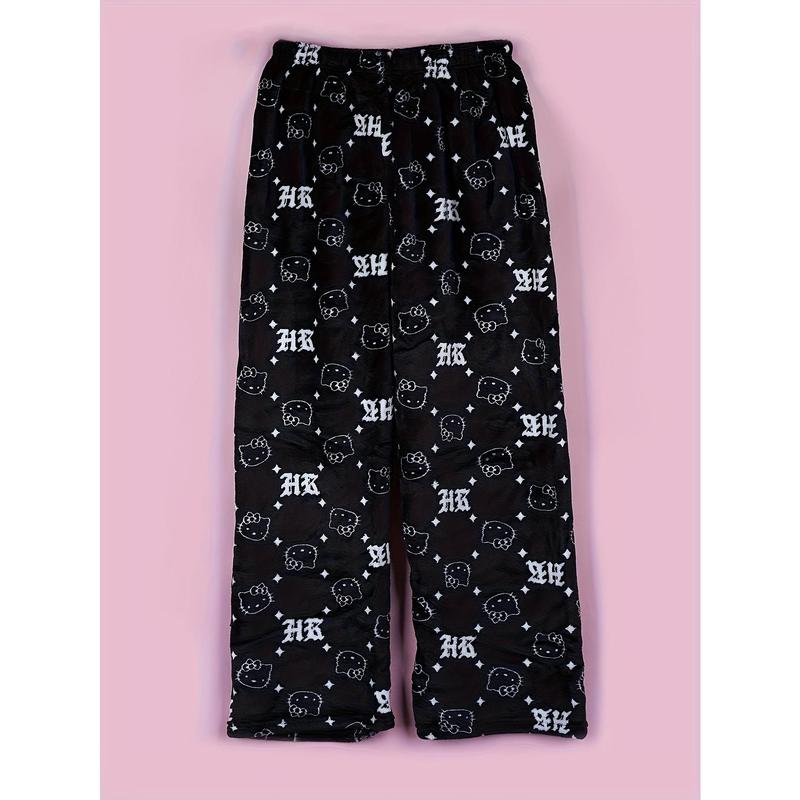 Sanrio Hello Kitty flannel soft pajama pants for Halloween and Christmas, printed fringe casual pants, elegant style, comfortable autumn and winter holiday casual wear