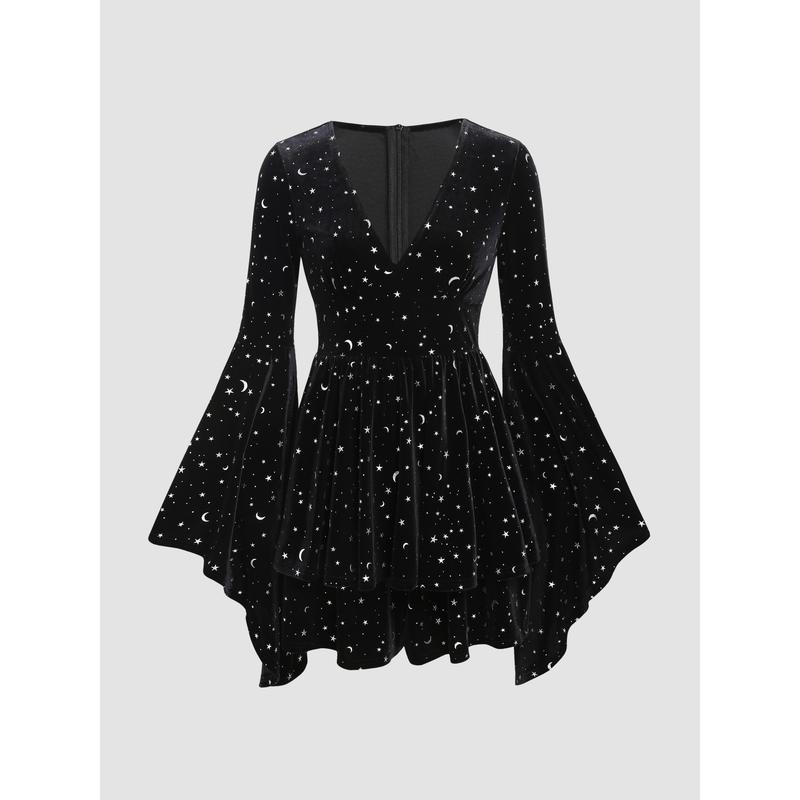 Cider [6 colors, size 0-26] Velvet V-neck Star & Moon Pattern Bell Sleeve Wizard Romper