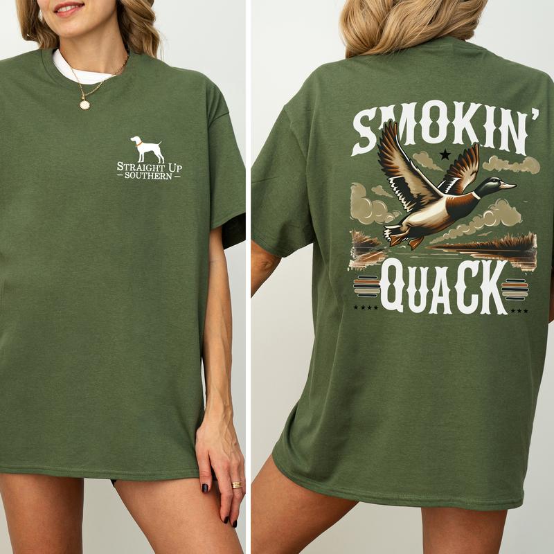 Vintage Smokin' Quack Hunting Duck 2-Sided Graphic Shirt, Mallard Hunting Shirt for Men, Dog Hunt Tee, Comfort Clothing, Cotton Fabric Tshirt, Printed Women's Top, Casual Womenswear