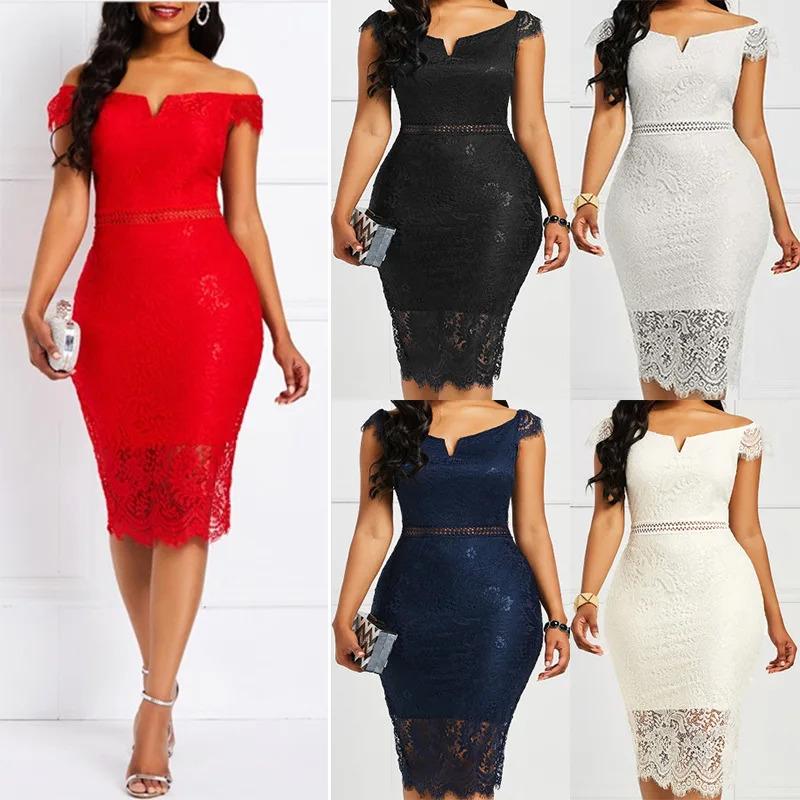 European and American evening dress short-sleeved V-neck off-the-shoulder sexy mid-length bag hip lace dress