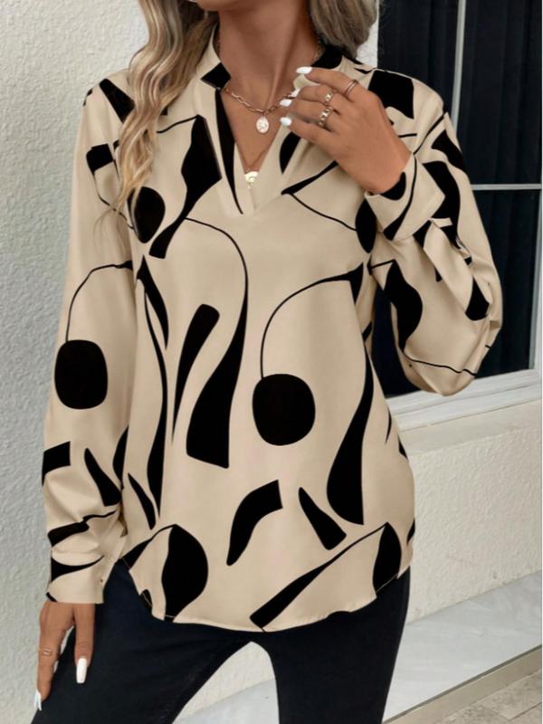 Women's All Over Geometric Print Notched Neck Blouse, Elegant Long Sleeve Top for Spring & Fall, Ladies Clothes for Work Office Business