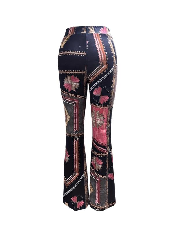 Women's All Over Print Flare Leg Pants without Belt, Retro Fashion Comfy Elastic Waist Bell Bottom Trousers for Daily Wear, Ladies Bottoms for All Seasons, Fall Outfits, Fallfreshness Clothes Wide Leg