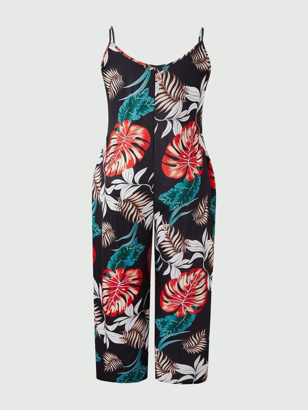  All Over Print Backless Wide Leg Jumpsuit, Casual Scoop Neck Sleeveless Jumpsuit for Beach Holiday,Back-to-School Clothing, Spaghetti Strap Onesies, Summer Clothes Women, Jumpsuit for Women