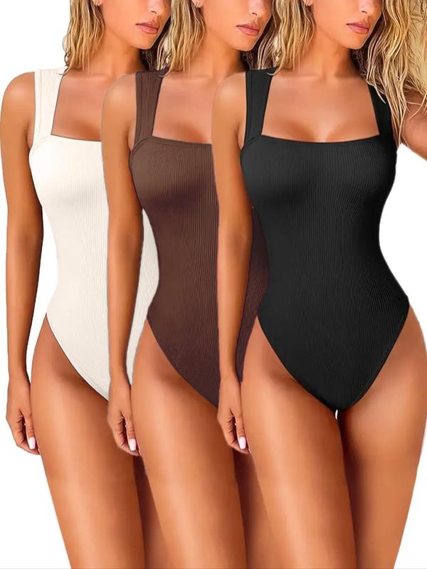 Women's Solid Color Open Crotch Design Ribbed Sports Bodysuit, Casual Sporty Square Neck Sleeveless Tummy Control Bodysuit for Yoga Gym Workout, Ladies Sportswear for All Seasons