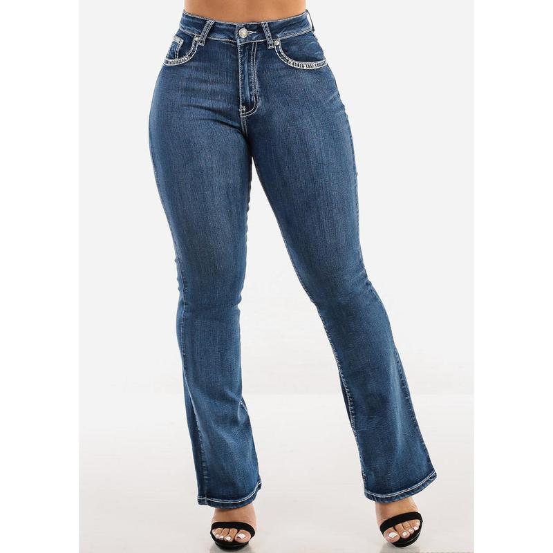 High Waist Bootcut Jeans w Back Cross Pocket Design