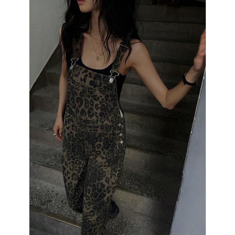 Leopard Print Denim Overalls Without Tank Top Cotton Fit