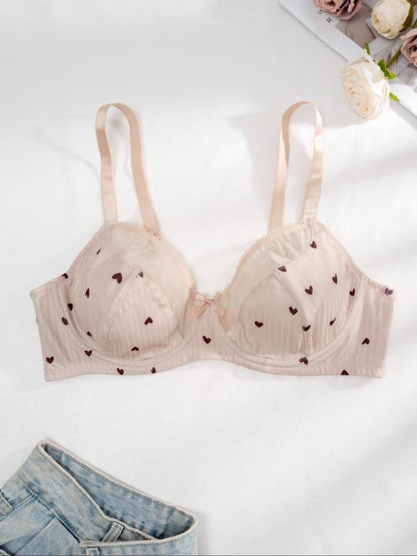 Plus Size Heart Print Bow Front Sheer Bra, Comfy Breathable Underwire Push Up Bralette for Daily Wear, Plus Size Underwear for All Seasons