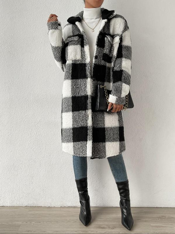 Women's Plaid Print Button Front Pocket  Fuzzy Long Coat, Casual Long Sleeve Collared Outerwear for Fall & Winter, Ladies Clothes for Daily Wear