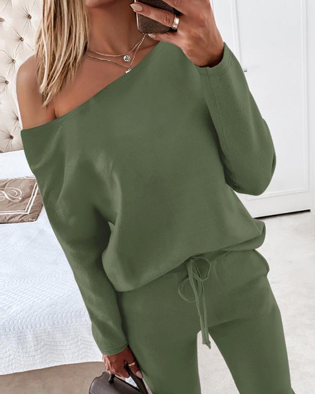 ChicMe Women's 2 Piece Lounge Outfit Long Sleeve Skew Neck Pullover Tops Stretchy Waist Pants Set Tracksuit Womenswear Asymmetrical