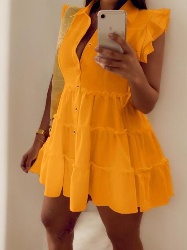 Women's Layered Sleeve Frill Trim Shirt Dress, Summer Dresses, Boho Button Front Collared Smock Dress for Summer, Back To School Clothes, Women's Clothing for Daily Wear, Birthday Dress for Women