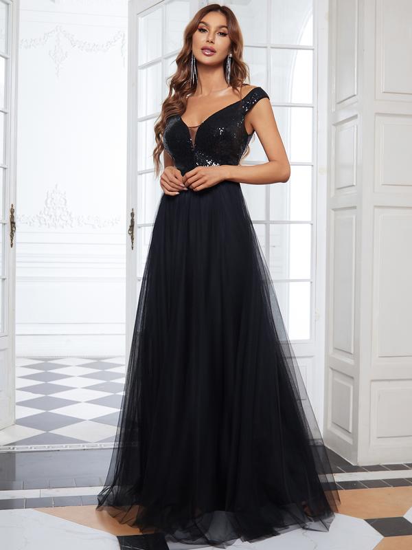 Ever-Pretty Shiny Sequin Bodice Off the Shoulder Maxi Tulle Evening Dress