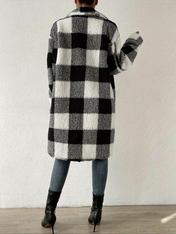 Women's Plaid Print Button Front Pocket  Fuzzy Long Coat, Casual Long Sleeve Collared Outerwear for Fall & Winter, Ladies Clothes for Daily Wear