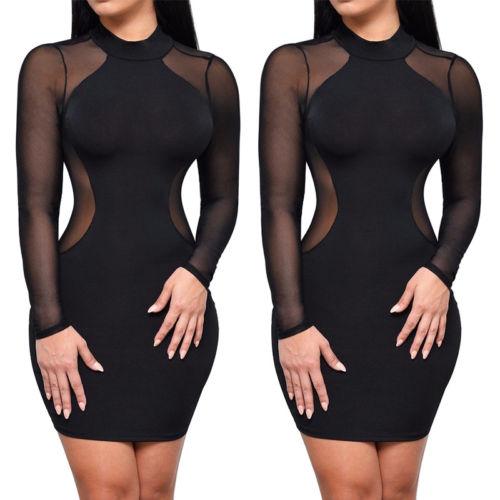 Women Sexy Bodycon Dress, Evening Party Cocktail Dress, Transparent Long Sleeve Clubwear Dress