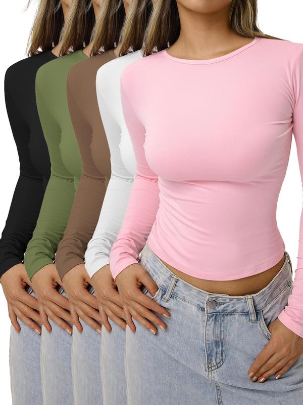 Women's Solid Ruched Long Sleeve Crop Lounge  Tee, Casual Comfy Round Neck T-shirt for Daily Wear, Ladies Sleepwear for Spring & Fall