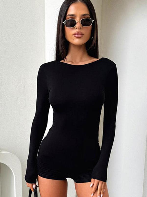 Women's Solid Backless Round Neck Long Sleeve Bodysuit, Casual Comfy Bodycon Bodysuit for Fall & Winter, Women's Clothes for Daily Wear