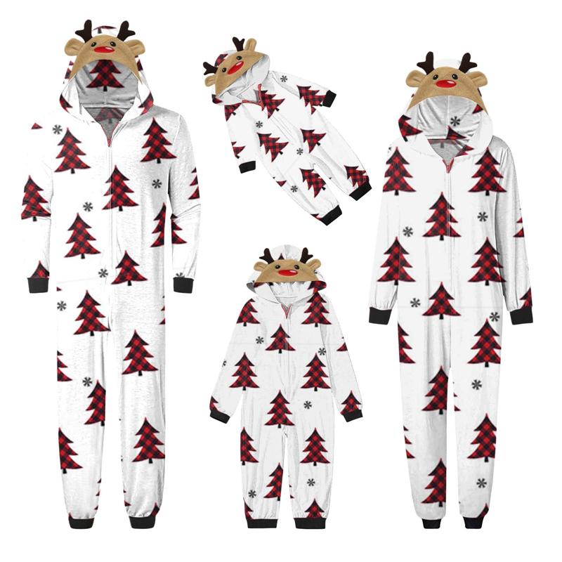 Family Christmas Pajamas, Long Sleeve Elk Christmas Tree Plaid Snowflake Print Hooded Jumpsuit Sleepwear