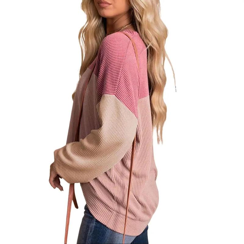 Womens Fashion Color Block Long Sleeve Crewneck Knitted Casual Loose Pullover Tops Spring Womenswear Everyday