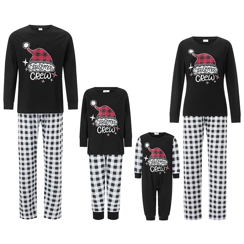 Matching Christmas Pajamas For Family Long Sleeve Santa Hat Print Tops + Stripes Pants Set Holiday Sleepwear