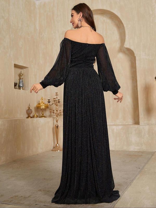 Women's Glitter Off The Shoulder Lace Up Maxi Dress, Elegant Bishop Sleeve A Line Dress for Party Evening Formal Occasions, Ladies' Clothes for All Seasons