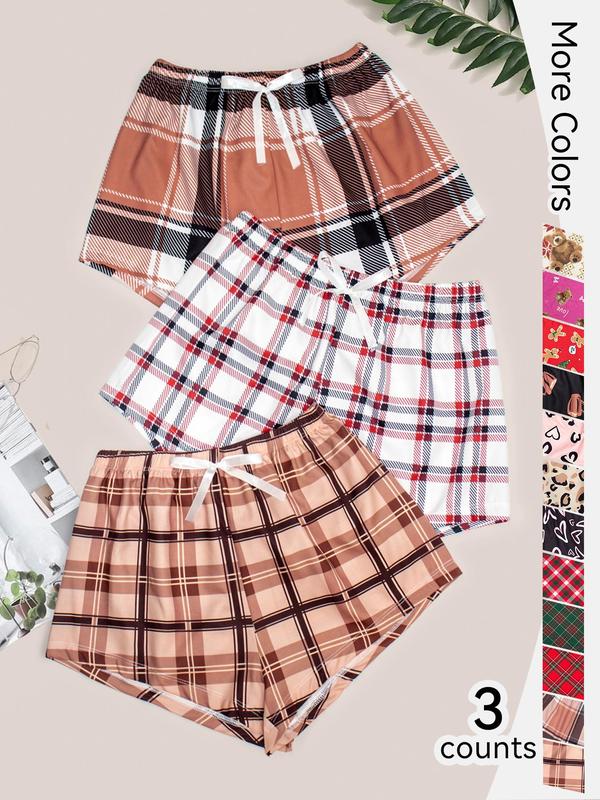 Women's 3pcs Lepord Plaid Heart Print Elastic Waist Wide Leg Sleep Shorts, Summer Clothes Women, Comfy Breathable Pyjama Shorts for Summer, Soft Pj for Lady, Comfortable Ladies Lounge Bottoms for Indoor Home Sleepwear