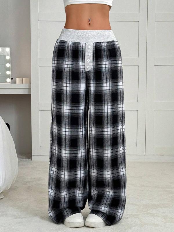 Women's Plaid Print Button Pants, Casual Comfy Trousers for Spring & Fall, Women's Bottoms for Daily Wear