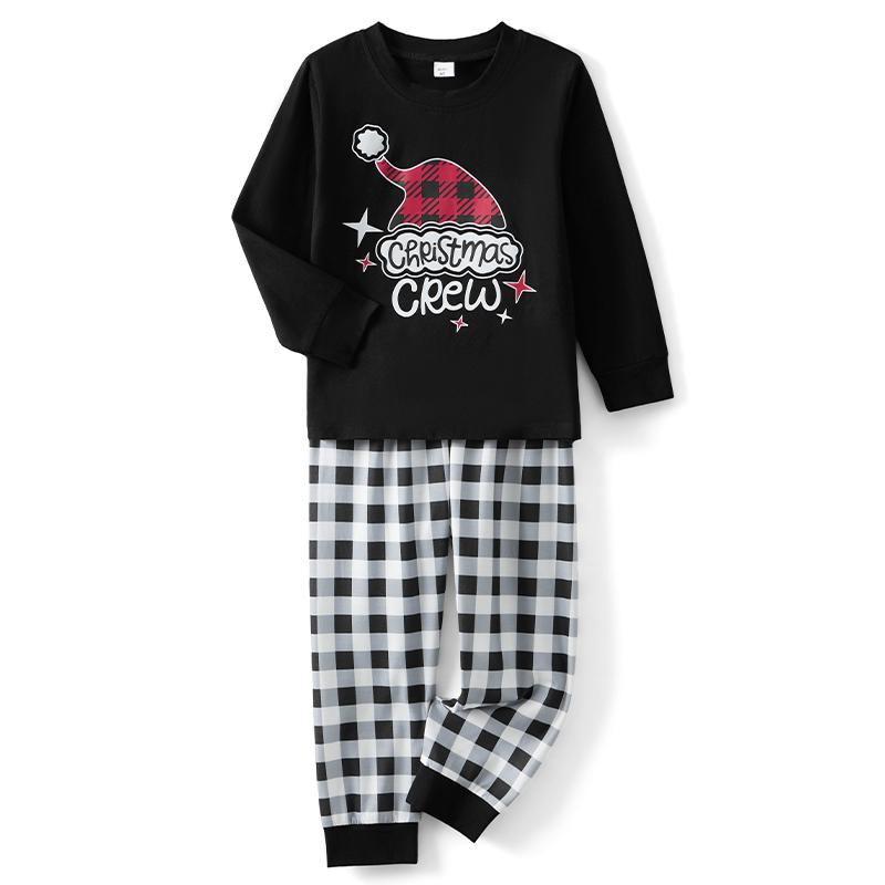 Matching Christmas Pajamas For Family Long Sleeve Santa Hat Print Tops + Stripes Pants Set Holiday Sleepwear