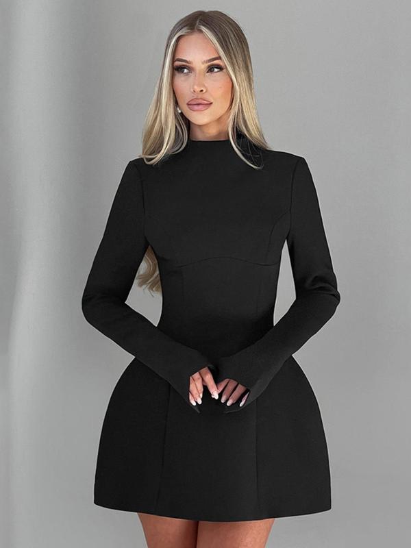 Women's Plain Backless Button Decor A Line Dress, Elegant Long Sleeve Stand Collar Zipper Back Short Dress for Party Holiday Wedding Guest, Ladies Spring & Fall Clothes