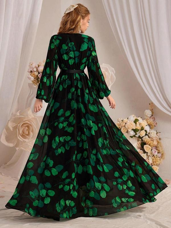 Women's Leaf Print Rhinestone Decor Beaded Belted Dress, Elegant Bishop Sleeve Wrap V Neck A Line Maxi Dress for Party Holiday Wedding Guest, Ladies Clothes for All Seasons