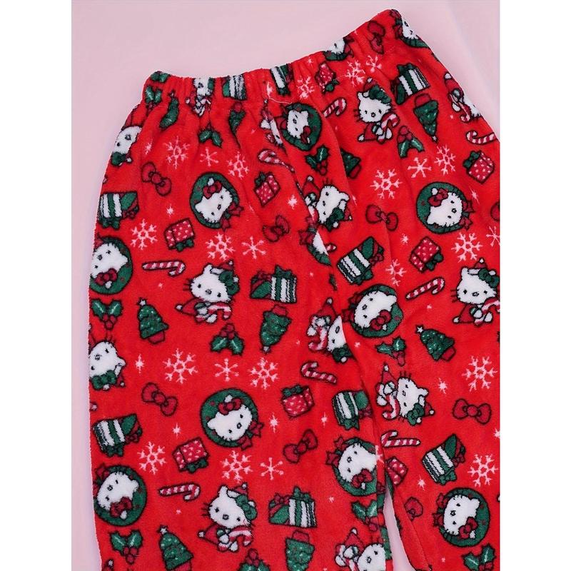 Sanrio Hello Kitty flannel soft pajama pants for Halloween and Christmas, printed fringe casual pants, elegant style, comfortable autumn and winter holiday casual wear