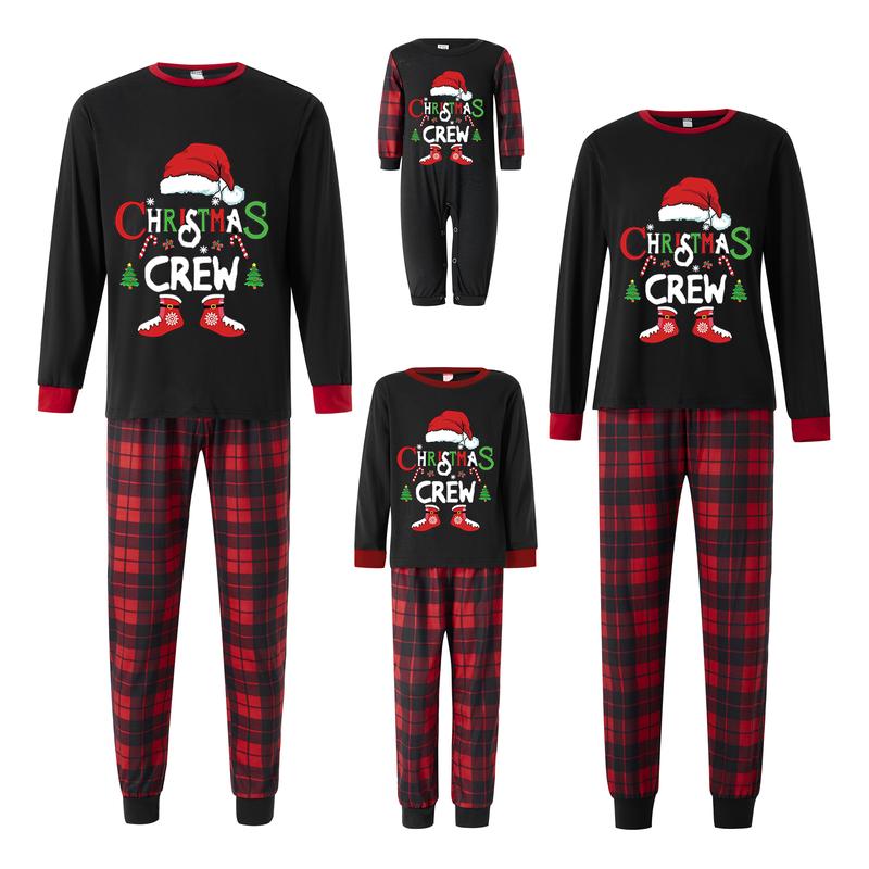 Hot New Christmas Family Pajamas Matching Set, Long Sleeve Letters Print T-shirt with Plaid Pants Sleepwear Loungewear