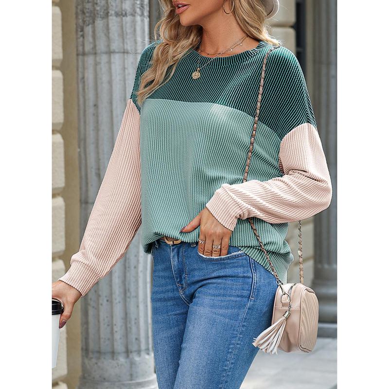 Dokotoo Womens Fashion 2024 Color Block Long Sleeve Crewneck Knitted Casual Loose Pullover Shirts Tops