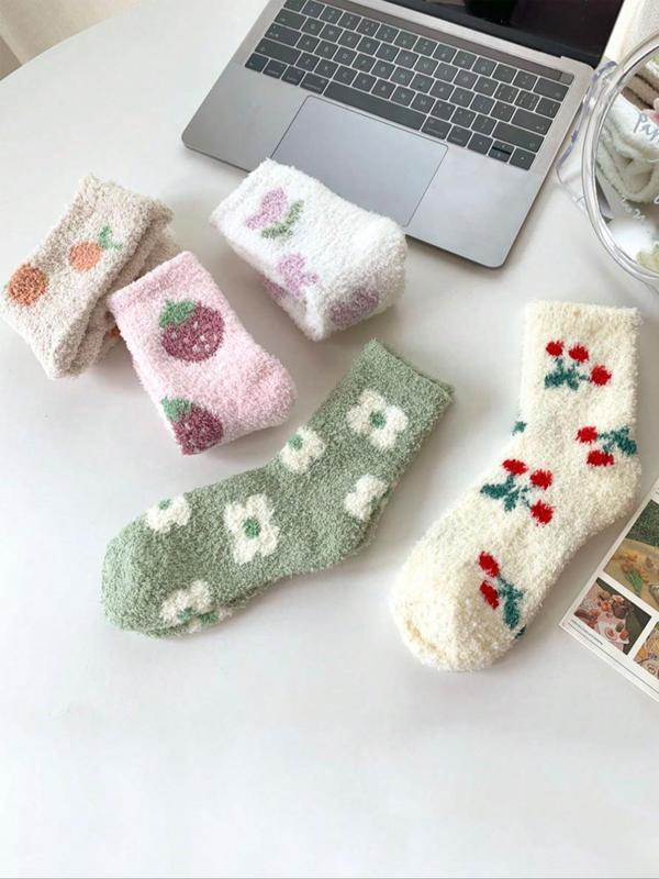 Women's Fruit Print Coral Fleece Crew Socks, Casual Soft Comfy Thermal Socks for Fall & Winter, Women's Socks for Daily Wear