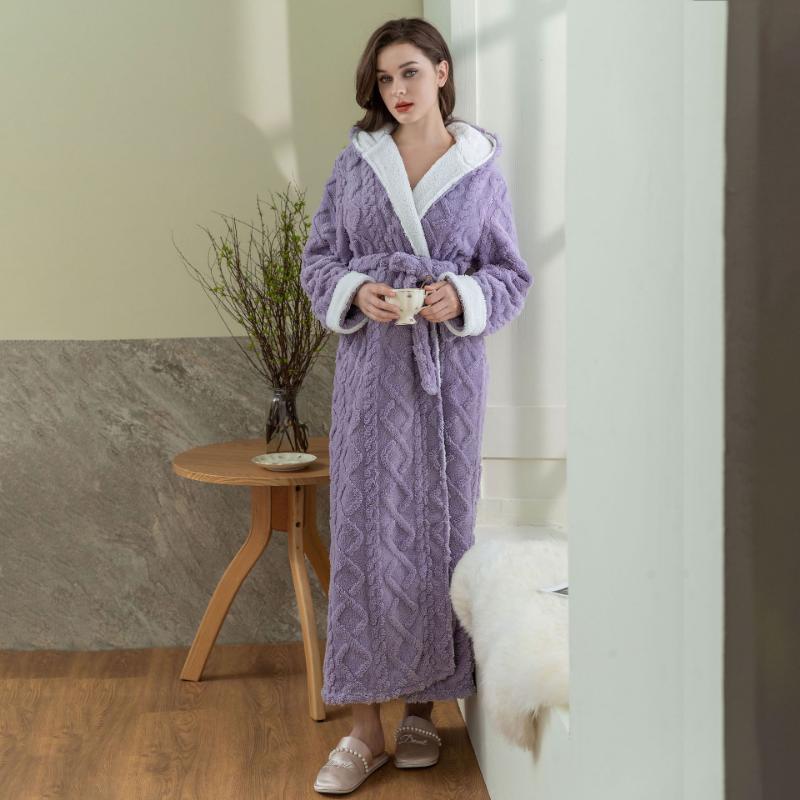 Ultra-Soft Flannel Bathrobe for Women & Men - Extra Long, Thick, and Warm with Hood | Cozy Jacquard Velvet Robe for Couples | Perfect for Autumn & Winter