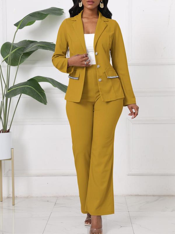 Two-piece Set Women's Solid Button Front Blazer & Pocket Flare Leg Pants, Elegant Lapel Neck Long Sleeve Outerwear & Bell Bottom Trousers for Work Office Business, Ladies Clothes for All Seasons, Fall Outfits, Fallfreshness Clothes, Fall Outfits 2024