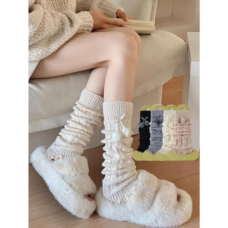 Beauty Cove  2 4 Pcs Women Furry Ball Decor Black & White Cute Versatile Leg Foot Warmers, Thickened Long Leg Warmers For Spring Autumn Winter