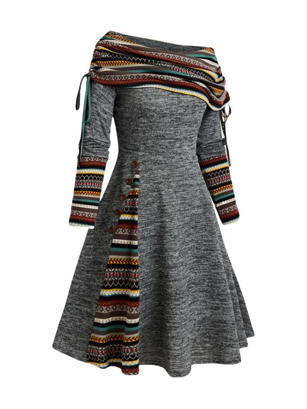  Patchwork Ethnic Pattern Ruched Drawstring Off Shoulder Dress, Boho Casual Long Sleeve A Line Dress for Daily Holiday Vacation Wear, Women's Clothes for Fall & Winter