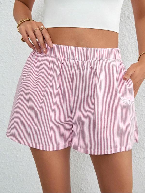 Women's Striped Print Pocket Elastic Waist Shorts, Casual Comfy Wide Leg Shorts for Summer, Shorts for Women, Fashion Women's Bottoms for Daily Wear, Back To School Outfit