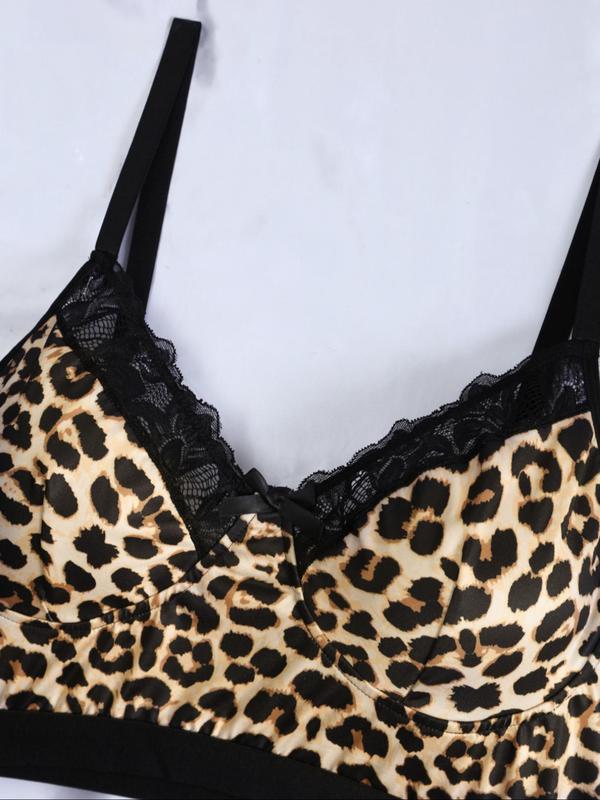 Plus Size Two-piece Set Leopard Print Contrast Lace Push Up Bra & High Rise Sheer Panty Set, Adjustable Spaghetti Strap Lingerie Top & High Waist Knicker, Women's Two-Piece Underwear Set For All Seasons