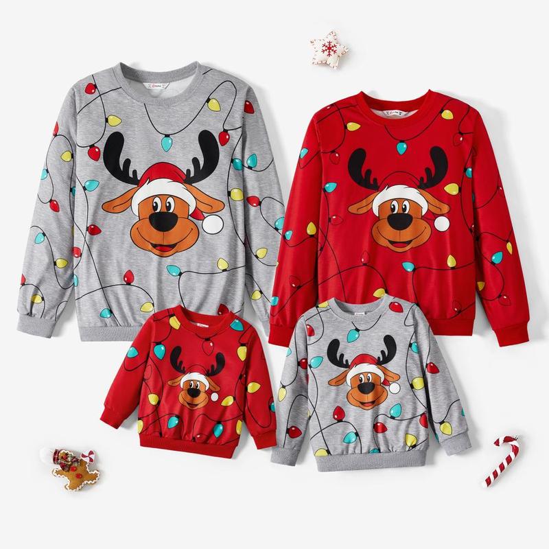 PatPat Christmas Family Matching Cartoon Reindeer & Lightbulb Print Long Sleeves Tops