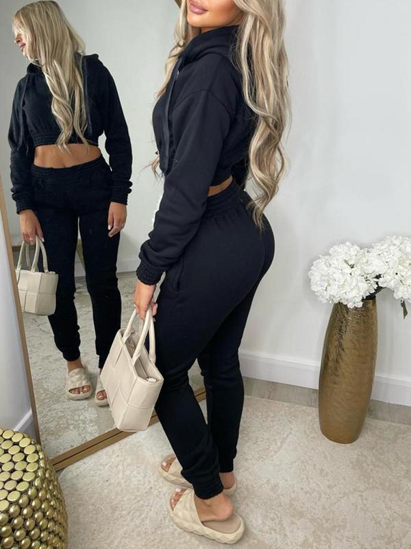 Women's Solid Zip Up Drawstring Hoodie & Elastic Waist Pants Two-piece Set, Summer Outfits 2024 Sets, Casual Long Sleeve Hooded Top & Pocket Trousers for Spring & Fall, Women's Clothes for Daily Wear  Sweatsuit Set Outfit