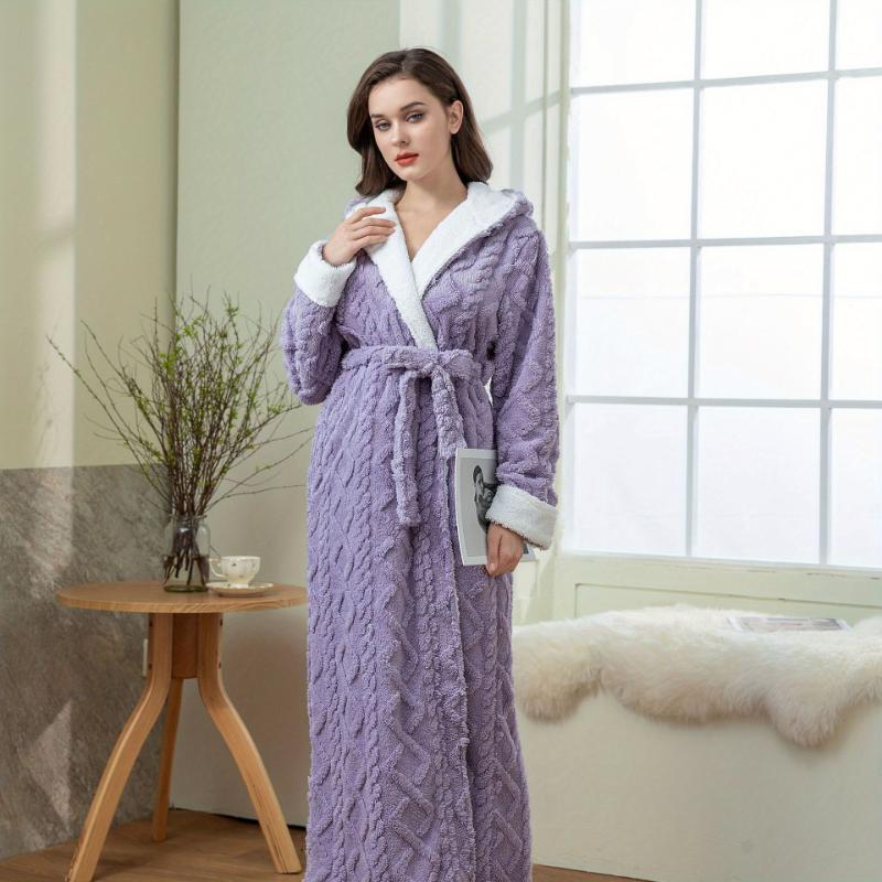 Ultra-Soft Flannel Bathrobe for Women & Men - Extra Long, Thick, and Warm with Hood | Cozy Jacquard Velvet Robe for Couples | Perfect for Autumn & Winter