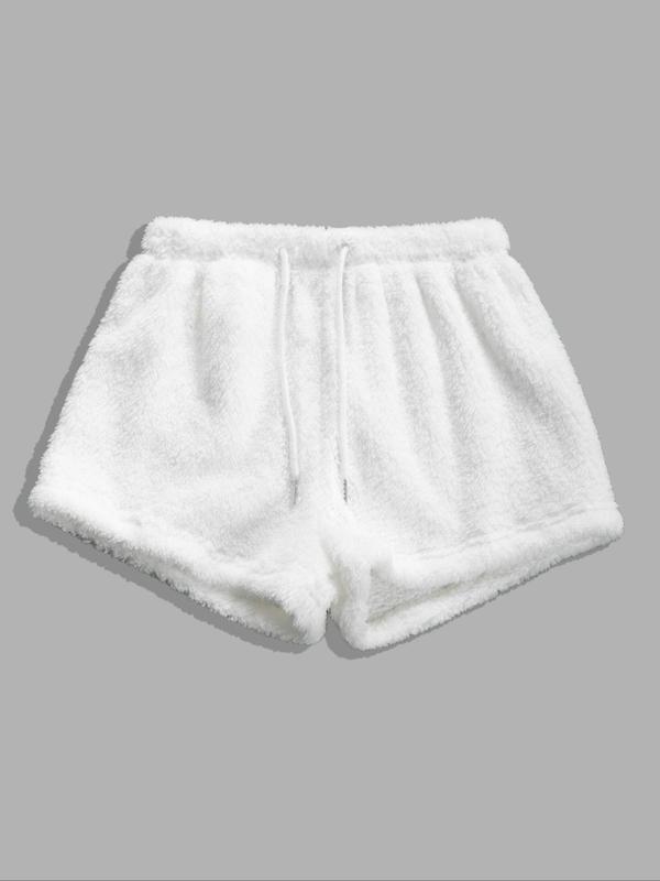 Women's Solid Drawstring Waist Plush Sleep Shorts, Casual Comfy Soft Shorts for Daily Wear, Ladies Sleepwear for Winter