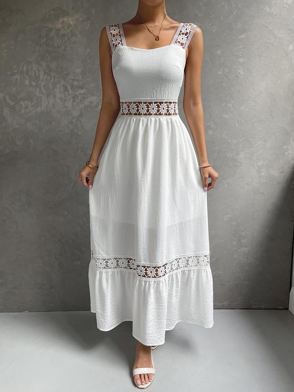 YOZY Lace Hollow Out Dress  Elegant Plain Sweetheart Neck Ruffle Hem A Line Long Dress, 2024 Women's Beach Holiday Evening Wear for Spring & Summer