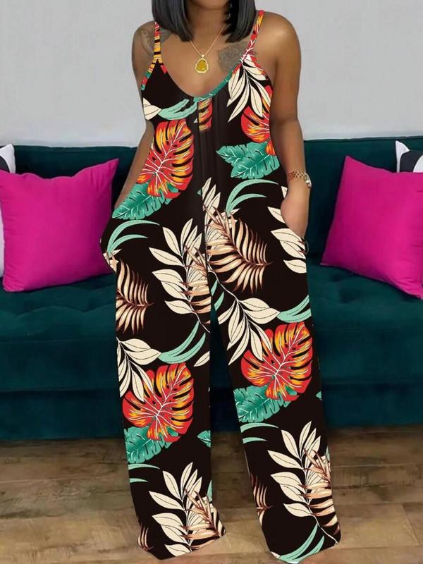  All Over Print Backless Wide Leg Jumpsuit, Casual Scoop Neck Sleeveless Jumpsuit for Beach Holiday,Back-to-School Clothing, Spaghetti Strap Onesies, Summer Clothes Women, Jumpsuit for Women