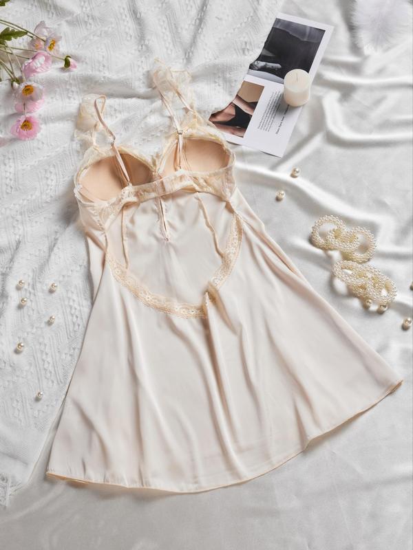 Women's Contrast Lace Ruffle Trim Cami Nightdress, Elegant Bow Decor Button Front Nightgown for Women, Fashion Ladies Sleepwear for All Seasons