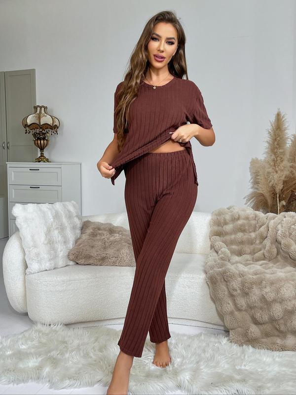 Women's Solid Ribbed Drop Shoulder Tee & Pants Pyjama Two-piece Set, Casual Comfy Split Loungewear Hem Short Sleeve Top & Trousers Pj Set, Homewear Ladies Sleepwear for All Seasons